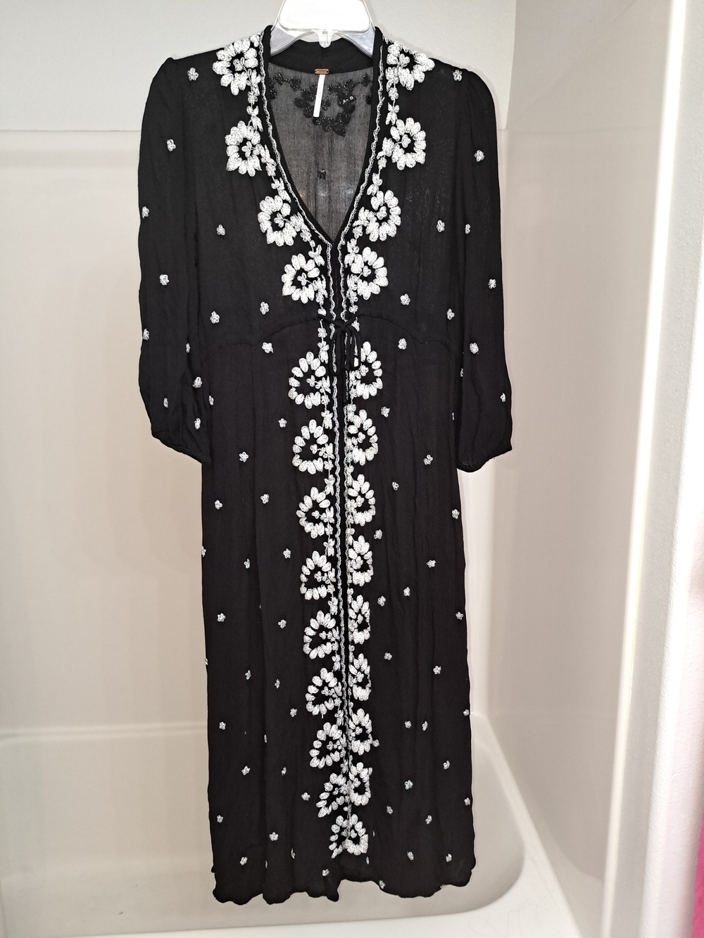 Free People Black Midi Dress with White Floral Embroidery